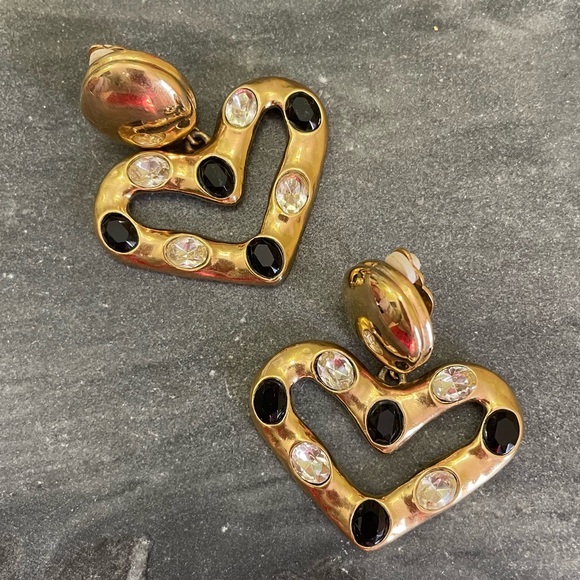 Givenchy Jewelry - Vintage Givenchy Gold Black Onyx Crystal Heart Clip On Statement Earrings
